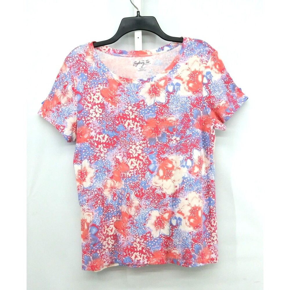 Bay Studio Shirt Women Size M Orange Blue Colorful Short Sleeve Pullover Top